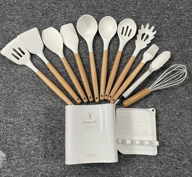 Силиконовый кухонный набор принадлежностей Kitchen Set 13 предметов (дерево+силикон) белый