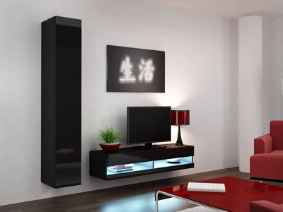 Стенка в гостиную комплект Кама Меблі Vigo New 13 из ламинированной ДСП Черный матовый/Черный глянец Польша без подсветки