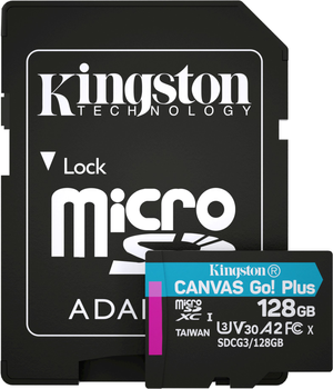 Kingston MicroSDXC 128 GB Canvas Go! Karta Plus Class 10 UHS-I U3 V30 A2 + SD (SDCG3/128 GB)
