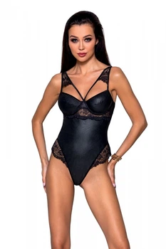 Боді з еко-шкіри та мережива Passion Loona Body Чорний S/M