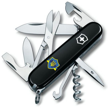 Ніж складаний 91 мм, 14 функцій Victorinox CLIMBER UKRAINE Чорний/Трезубець на щиті зі стрічкою