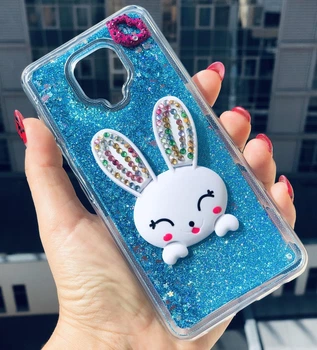Чехол Glitter для Xiaomi Redmi Note 9 Pro бампер жидкий блеск Заяц подставка Синий
