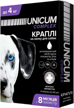 Капли Unicum Premium от блох, клещей и гельминтов на холку для собак до 4 кг 4 шт (4820150202507)