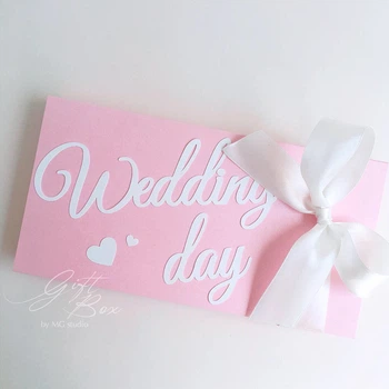 Gift box Wedding day рожевий з білим бантом Оригінальні конверти для грошей на весілля. Ручна робота