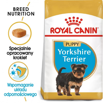 Sucha karma pełnoporcjowa dla szczeniąt Royal Canin Yorkshire Terrier Puppy rasy Yorkshire Terrier od 2 do 10 miesiąca życia 500 g (3182550743464) (39720051)