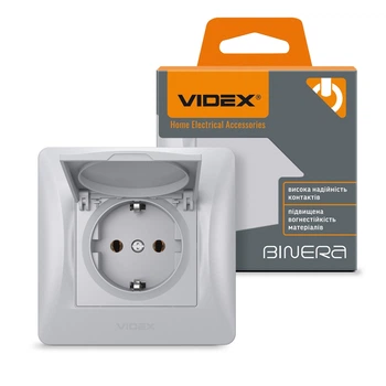 Розетка із заземленням та кришкою Срібляста BINERA(VF-BNSK1GC-SS), VIDEX