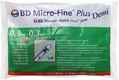 Шприц інсуліновий Becton Dickinson BD Micro-Fine 0.3 мл U-100 30G 0.30 x 8.0 мм DEMI (0382900829012) №100