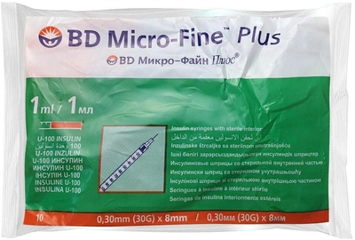 Шприц інсуліновий Becton Dickinson BD Micro-Fine 1 мл U-100 30G 0.30 x 8 мм (382900929019) №100