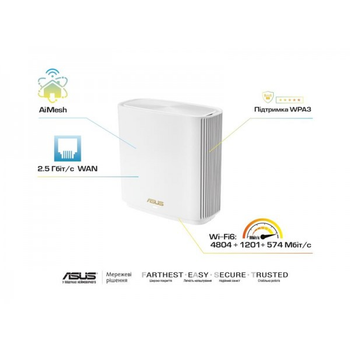 Бездротовий маршрутизатор Asus ZenWiFi XT8 White (AX6600, 3xGE LAN, 1x2.5GE WAN, 1xUSB3.1, WiFi6, MESH, WPA3, OFDMA, 6 антени)