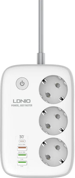 Сетевой удлинитель фильтр LDNIO SEW3452 WiFi Управление, 2500W, 3 розетки, 3USB/1Type-C, QC/PD, 3A/38W 2M, White