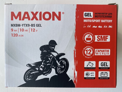 Акумулятор гелевий MAXION MXBM-YTX9-BS GEL (+/-) 12V, 9Ah, 120А EN, 150x87x107 мм, вага 2.94кг (YTX9-4)