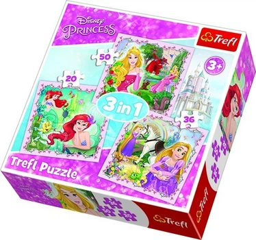 Пазли Trefl Принцеси Рапунцель, Аврора та Аріель, Disney Princess (3 в 1) 20, 36, 50 елементів (34842)