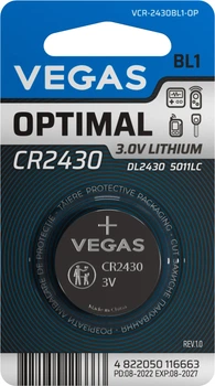 Литиевая батарейка Vegas Optimal CR2430 1 шт (VCR-2430BL1-OP)
