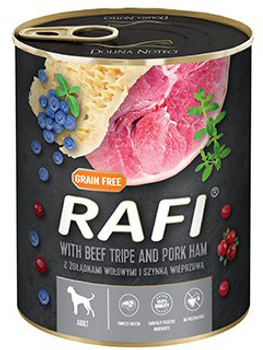Mokra karma dla psów Rafi z żołądkami wołowymi i szynką, borówką i żurawiną 800 g (5902921305064)