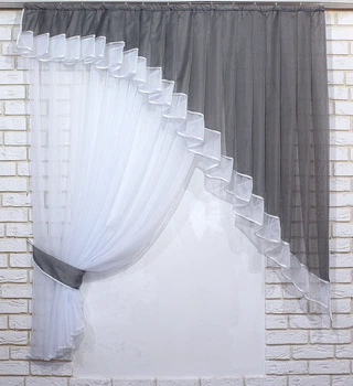 Кухонный комплект VR-Textil № 062к шторка с ламбрекеном графитовый с белым 150х170 см (50-504)