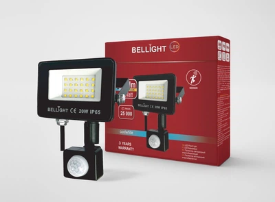 Прожектор светодиодный Bellight 230V 20W 6500K с датчиком движения, LED прожектор IP65 для улицы, двора, подъезда, парка и фасадного освещения