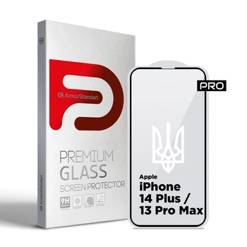Захисне скло для Apple iPhone 13 Pro Max/14 Plus, Pro 3D LE, повноекранне 3D скло з рамкою, глянцеве, загартоване, протиударне, ультратонке, поліпшене олеофобне і гідрофобне покриття, 9H, повне проклеювання, ArmorStandart (ARM65655)