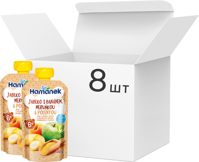 Упаковка Hamanek Пюре из яблок, бананов, абрикосов и поленты 100 г х 8 шт (8595139799571)