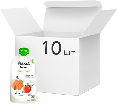 Упаковка пюре фруктового Mama knows Яблуко та Персик без цукру 90 г х 10 шт (4820016254466)