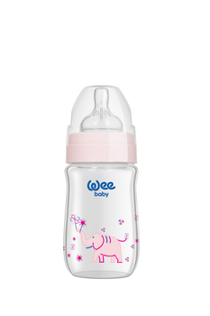 Пляшечка для годування Wee baby Classic Plus № 1 180 мл з широкою шийкою з термостійкого скла рожева