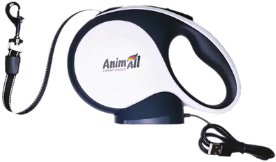 Повідець-рулетка AnimAll M до 25 кг, 5 м з LED ліхтариком Біло-чорний (2000981201715)