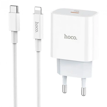 Мережевий зарядний пристрій Hoco C76A Plus, PD, 20W, кабель Type-C to Lightning, 3A, White