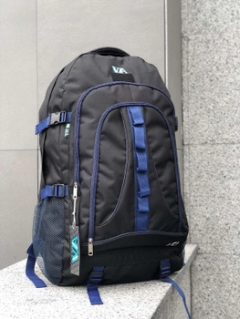 Універсальний туристичний рюкзак 65 літрів з вологовідштовхувальної тканини чорний з синім