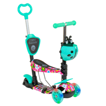 Трехколесный самокат со светящимися колесами и родительской ручкой 5 в 1 Best Scooter Бирюзовый с розовым
