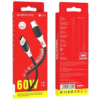 Кабель Borofone BX79 USB Type-C to Type-C, поддержка зарядки до 60W (20V/3A), передача данных, длина 1 м, 3A, подходит для ноутбуков и смартфонов Black