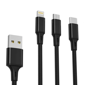 Кабель USB 3в1 XO тканевый 1,2 м черный Type-C Micro Lightning 2,4A (661202)
