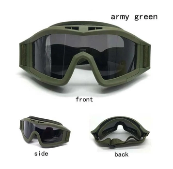Тактическая защитная маска для глаз, защитные очки 3 сменных линзи и чехол Army Green
