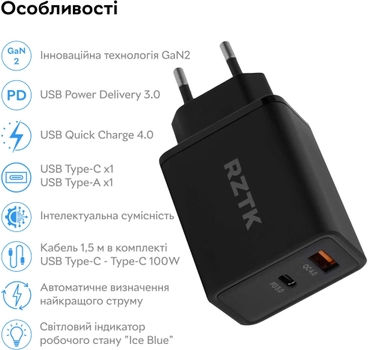 Сетевое зарядное устройство RZTK GaN2 65W USB-A (QC4.0) USB-C (PD3.0) + кабель USB-C 100W Black