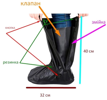 Бахили для взуття від дощу, снігу, бруду ХL (32 см) висота 40 см зверху резинка на кнопці Чорний