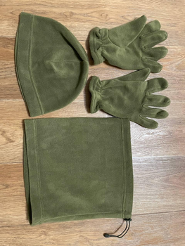 Комплект 3в1: Шапка, баф, перчатки на флисе армейские Олива