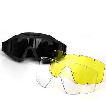 Тактичні захисні окуляри-маска зі змінними лінзами чорні 304 універсальні