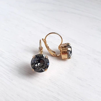 Позолоченные серьги Hand Made с кристаллами Swarovski серо-черного оттенка