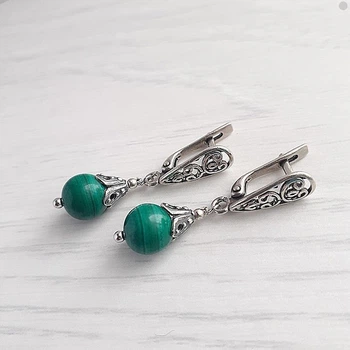 Сережки Hand Made черненные с&nbsp;натуральным&nbsp;малахитом
