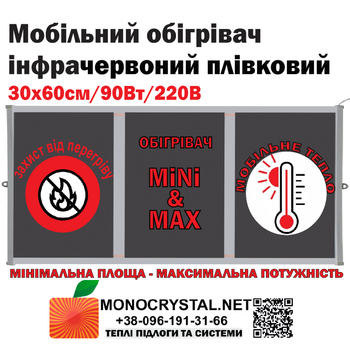 Обогреватель мобильный 30х60см/90Вт/220V Monocrystal инфракрасный пленочный с защитой от перегрева