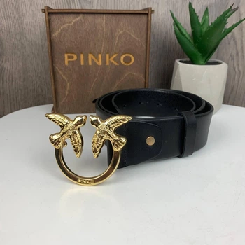 Женский кожаный поясной ремень Pinko с птичками золотистый классический стильный для повседневного использован
