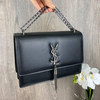 Стильна Жіноча Міні Сумочка Клатч Ysl З Ланцюжком Маленька Сумка З Віночком Брелоком Чорна Люкс Якість (175430)