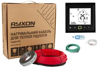 Двухжильный тонкий кабель Ryxon HC-20-05 м 100ВТ 0.5 - 0.6 м² в комплекте с WI-FI Black терморегулятором и датчиком температуры пола