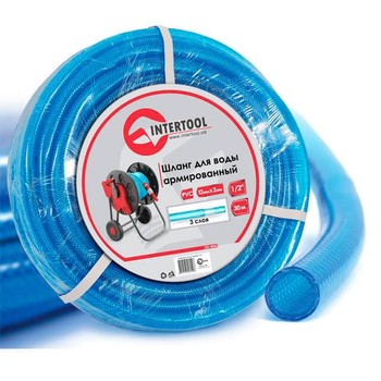 Шланг для води тришаровий, синій, 1/2", 30 м, армований, PVC INTERTOOL GE-4055