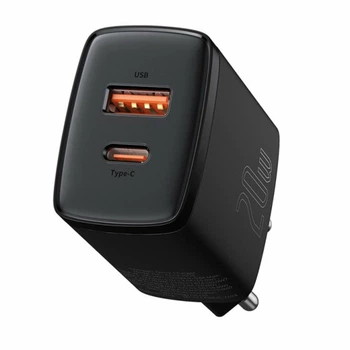 Мережевий зарядний пристрій Baseus 20W USB+Type-C Compact Quick Charger QC3.0+PD3.0 3A Black