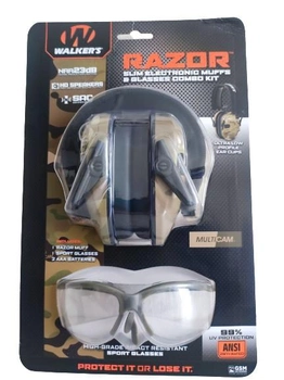 Комплект Активные тактические наушники для стрельбы Walker's Razor Slim Electronic Muffs (Multicam Camo) + крепеж на шлем +очки