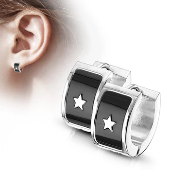 Круглые серьги из стали со звездой и черной эмалью Spikes SE3533-ST