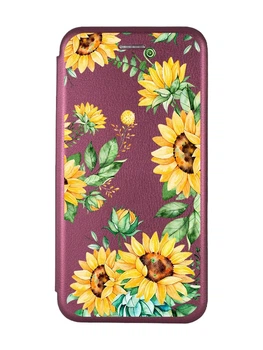 Чехол-книжка с рисунком для Xiaomi Redmi 9A Бордовый :: Подсолнухи (принт 288)