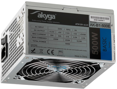Блок живлення AKYGA power supply unit 500 W 20+4 pin ATX ATX Grey (AK-B1-500E)
