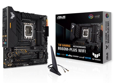 Мат.плата LGA1700, Asus TUF GAMING B660M-PLUS WIFI, B660, 4xDDR5, Int.Video(CPU), 4xSATA3, 2xM.2, 1xPCI-E 16x 5.0, 1xPCI-E 16x 3.0, 1xPCI-E 1x 4.0, ALC997, 2.5GLan, WiFi 6, Bluetooth 5.2, 8xUSB3.2/4xUSB2.0, HDMI/DP, MicroATX