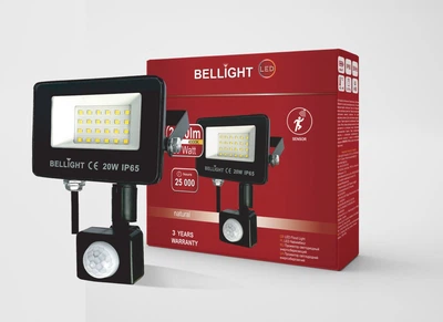 Прожектор светодиодный Bellight 230V 20W 4000K с датчиком движения, LED прожектор IP65 для улицы, двора, подъезда, парка и фасадного освещения