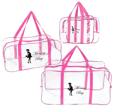 Набор из 3 прозрачных сумок в роддом Mommy Bag S, L, XL розовый (p008)